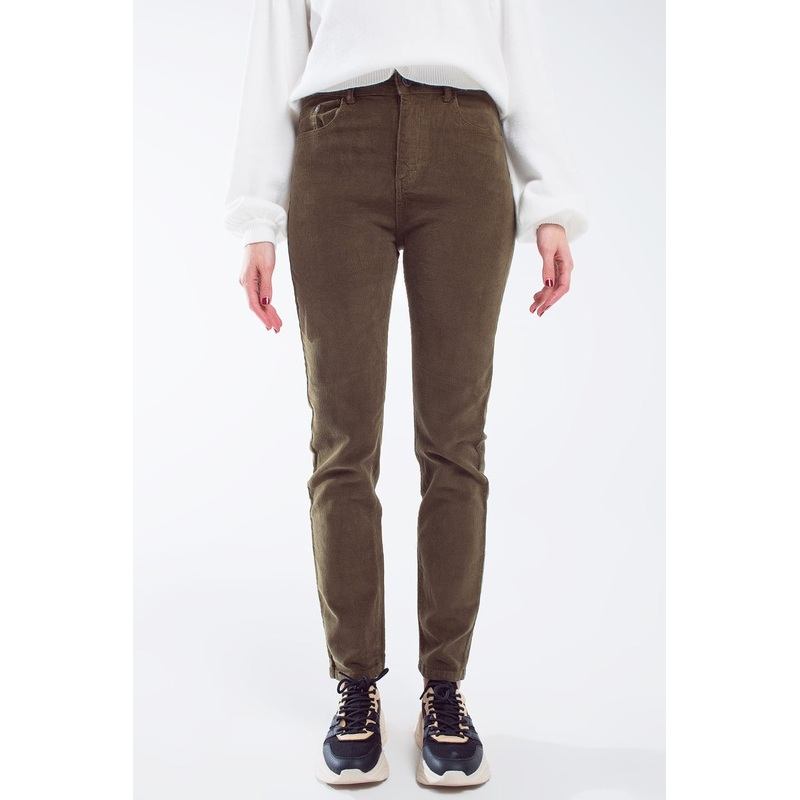 Skinny Cord Pants In Olive Green