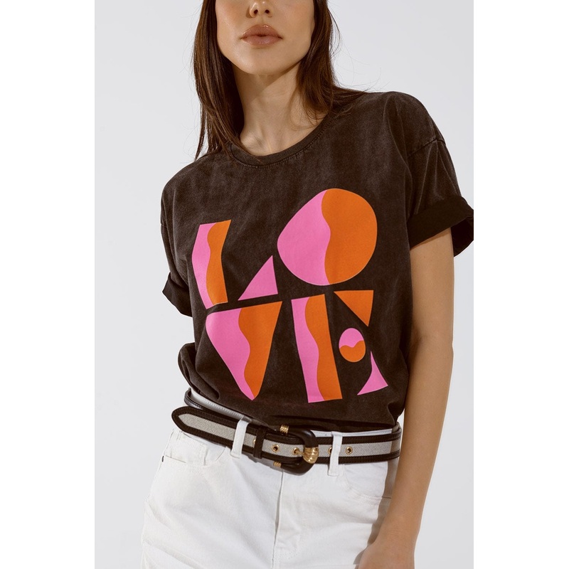 T-Shirt With Love Art Deco Digital Print In Washed Black
