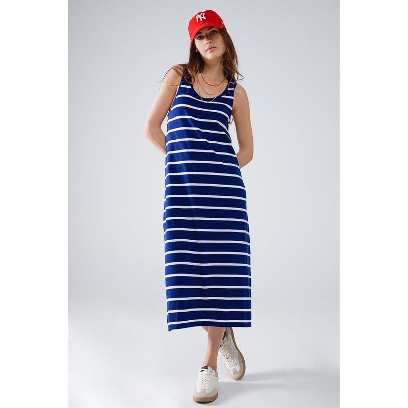 Tank Maxi Dress With Scoop Neck In Navy With White Stripes