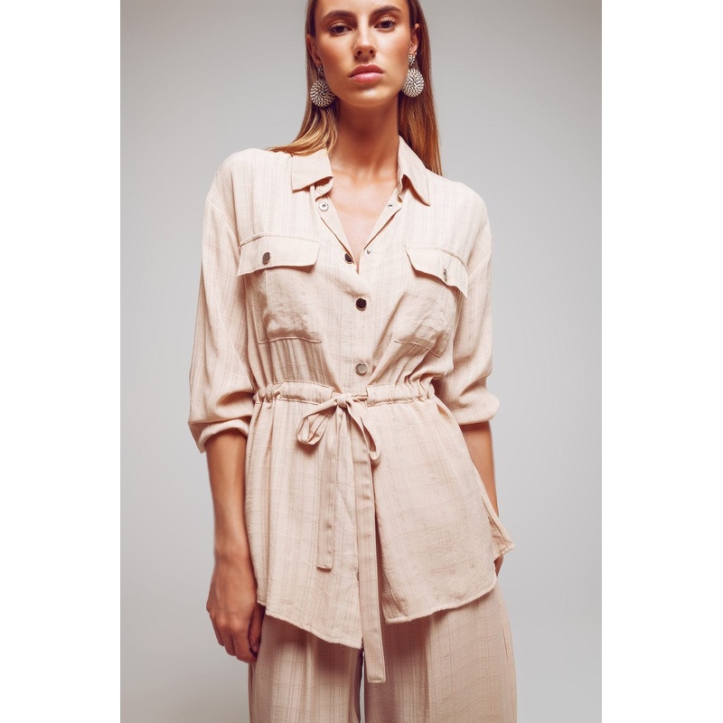 Tie Waist Long Sleeve Shirt In Beige