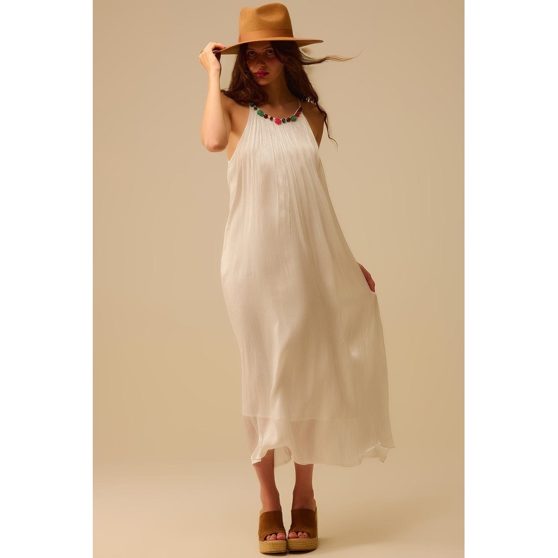 White Pleated Halter Long Dress With Beaded Neckline