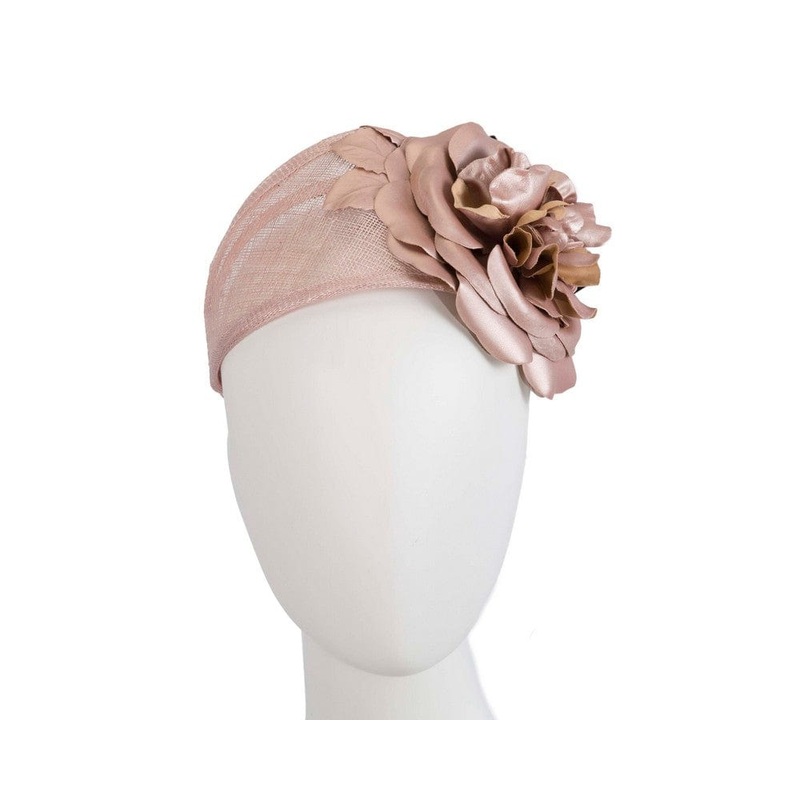 Wide rose gold leather rose headband fascinator by Max Alexander