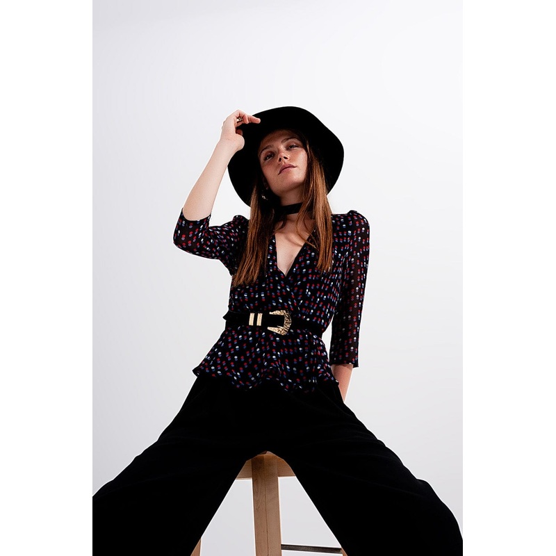 Wrap Polka Dot Chiffon Top In Black