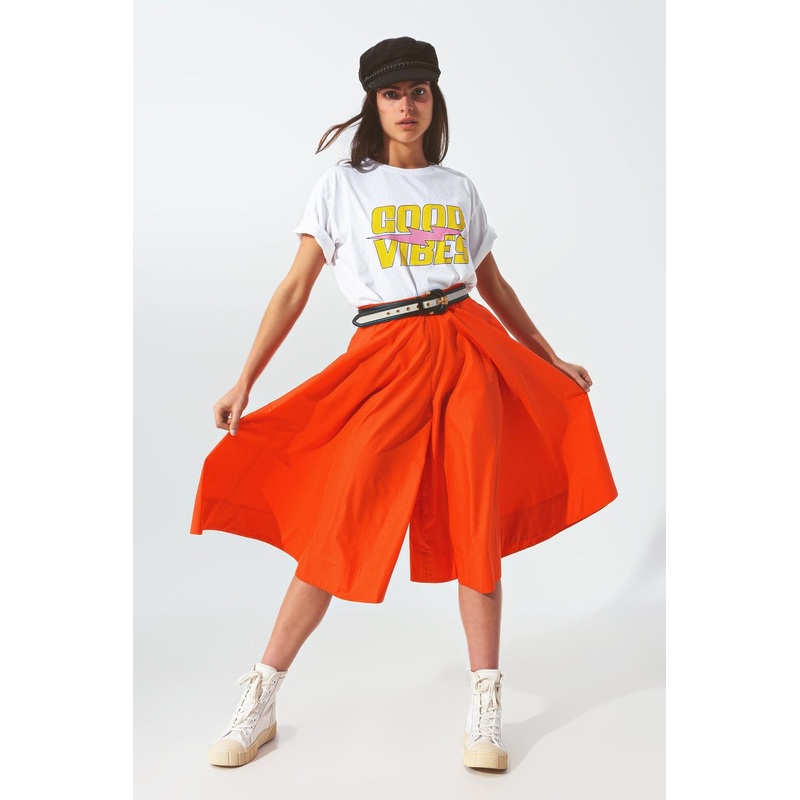 A-Line Skirt With Elastic Waist Band  In Orange