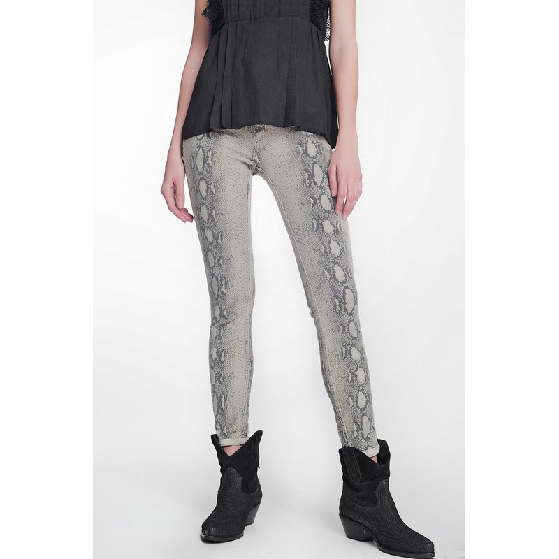 Beige Super Skinny Reversible Pants With Snake Print