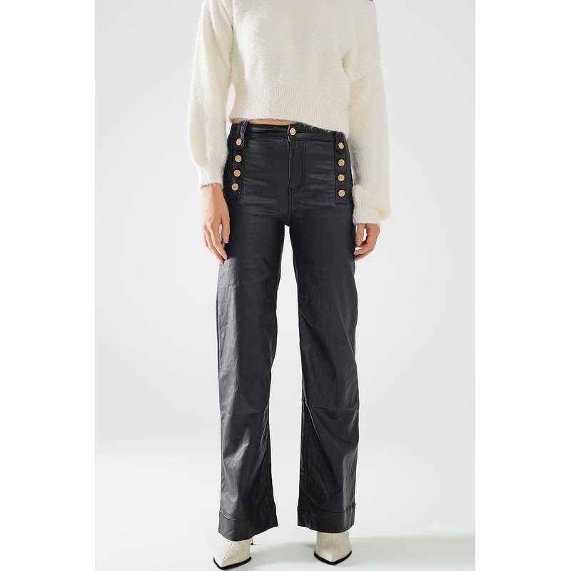Black Faux Leather Trousers With Buttons