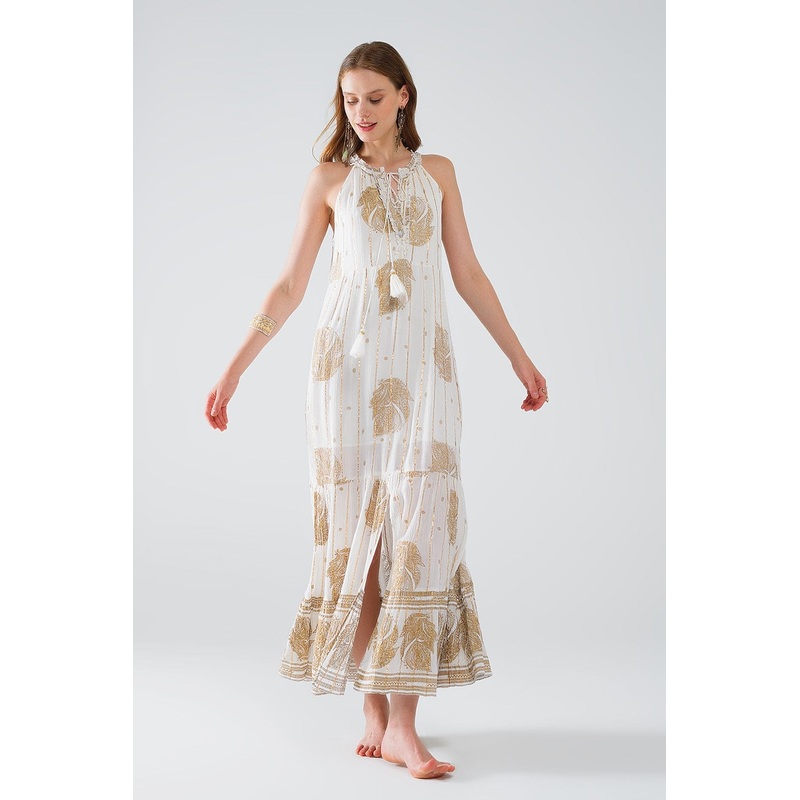 Boho Maxi Chiffon Dress With Gold Flower Print