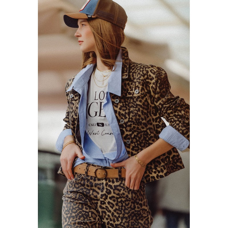 Brown Jacket With Leopard Print In Denim Fabric