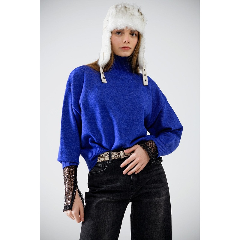 Chunky Knit Sweater In Blue With Turtleneck