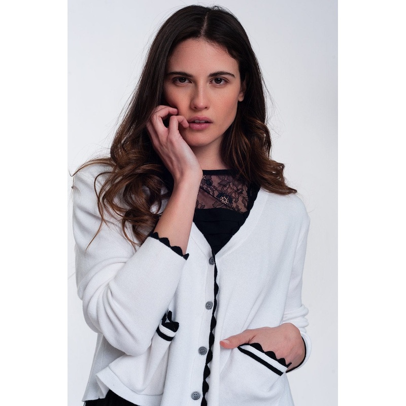 Contrast Trim Cardigan In White