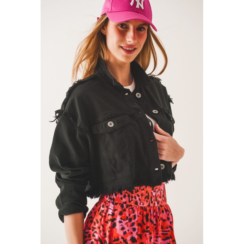 Cropped Denim Trucker Jacket In Black