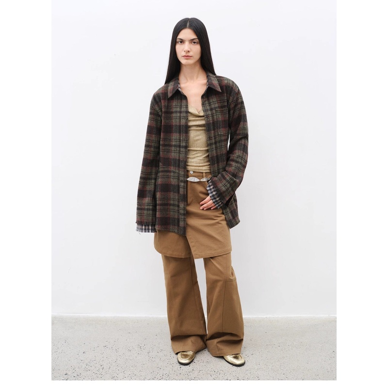 “Culotte Declaration” Retro Split Design Fake Two-Piece Twill Brushed Slightly Flared Slim Jeans