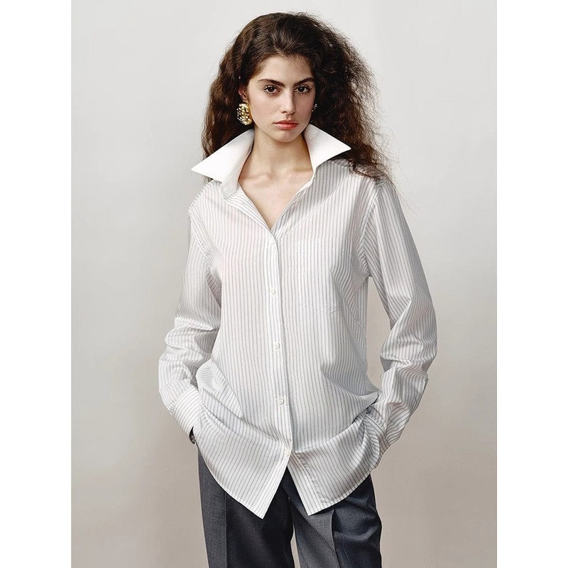 [FFJW Ghosn Stripe] Lapel Contrast Classic Striped Shirt