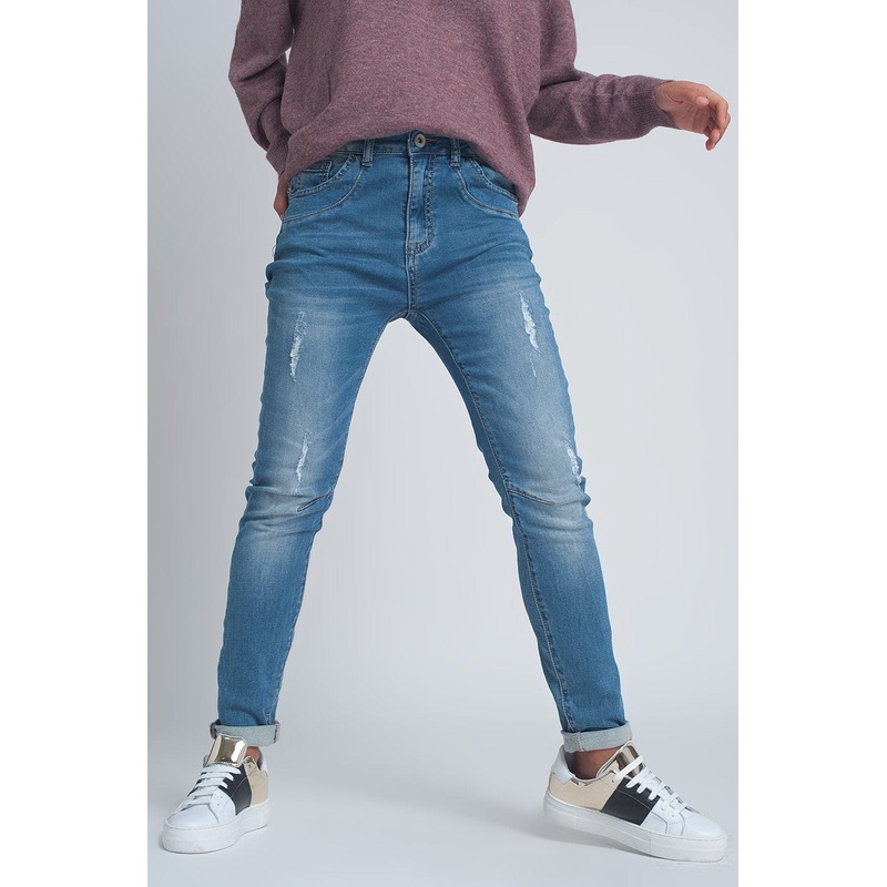 Fine Denim Ripped Boyfriend Jean In Mid Wash