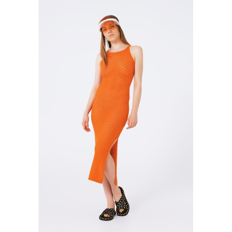 Halter Crochet Midi Dress In Orange