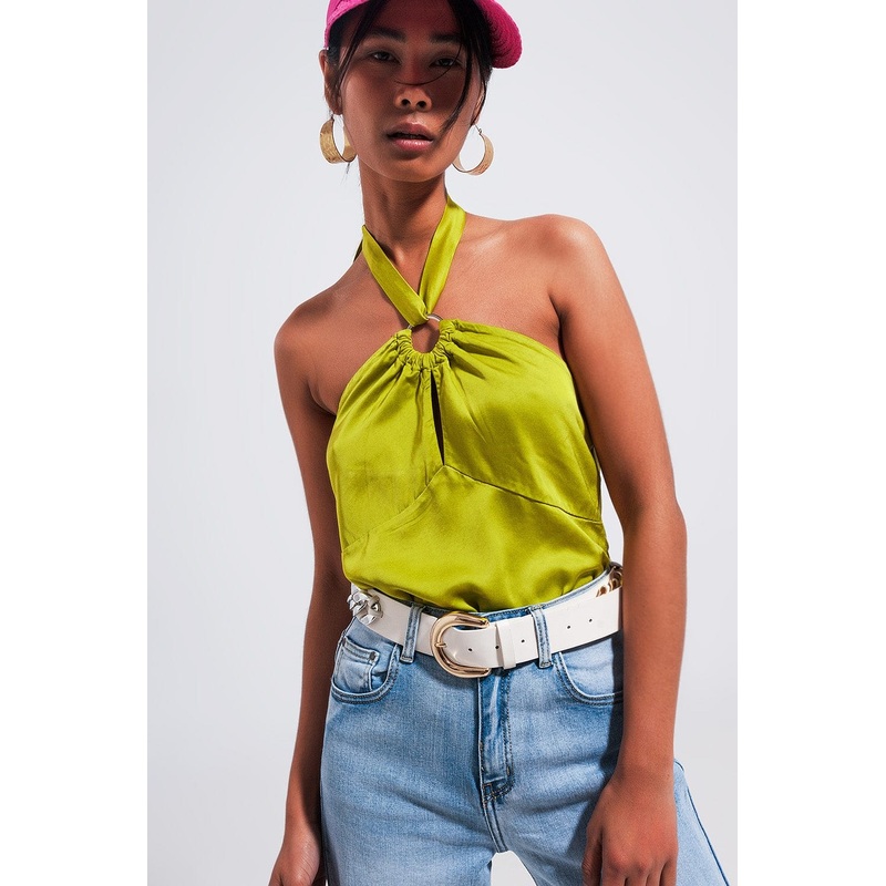 Halter Neck Crop Top With Ring Detail In Lime