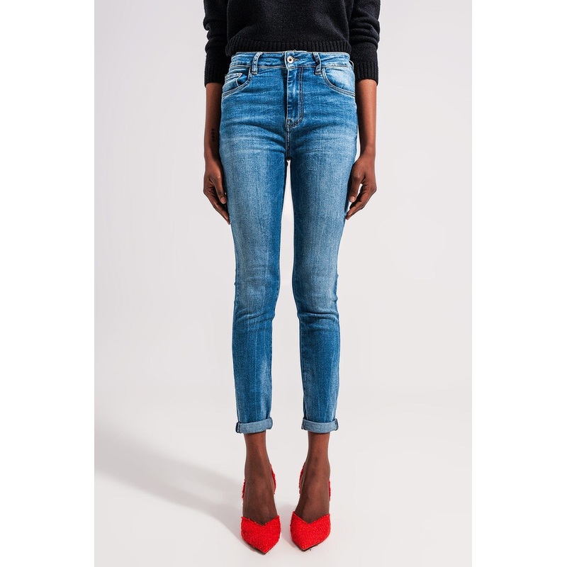 High Waist Elastic Skinny Jeans In Mid Blue