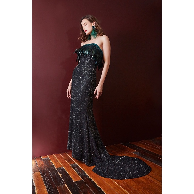 Lavanya Coodly Hand-Beaded Barbarella Black Gown with Feathers