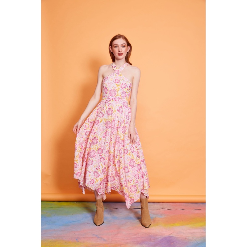 Lavanya Coodly Women’s Caroline Pink Cotton Tea Length Halter Dress