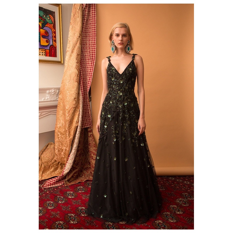 Lavanya Coodly Women’s Hand-Beaded Coleen Evening Gown in Black with Green Embellishments