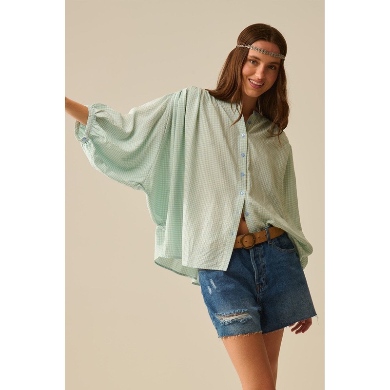 Loose Light Blue Gingham Blouse