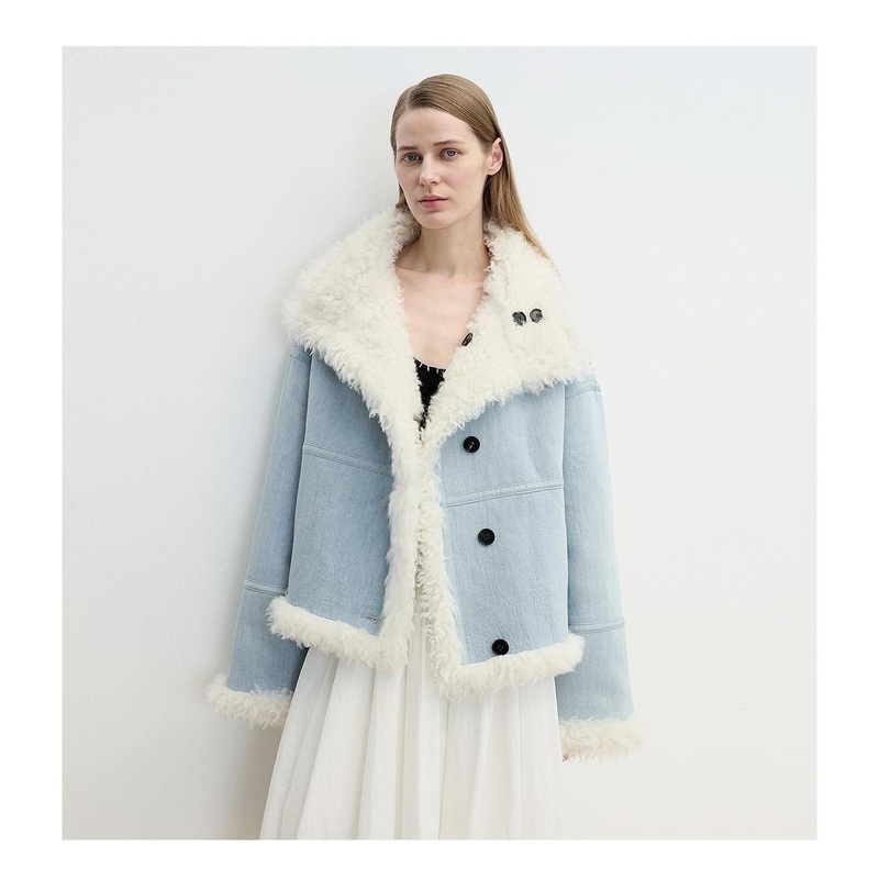“Mint Glacier”Flip Collar Reversible Shearling Denim Wool Jacket