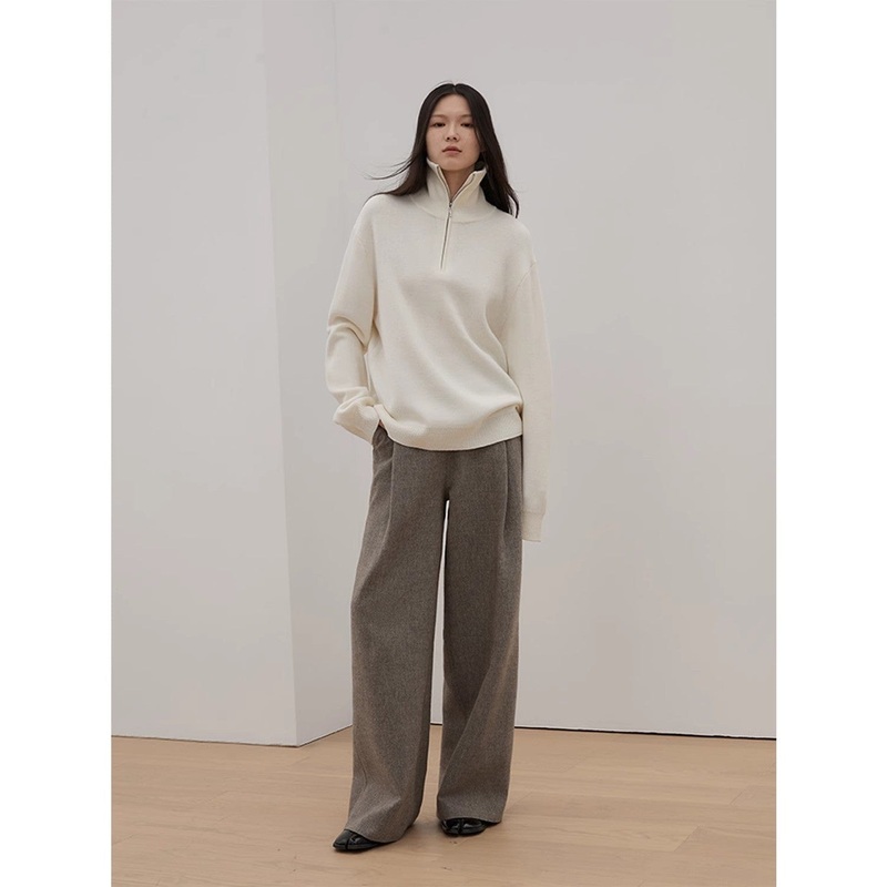 “Moonlight Farm” Merino Wool Lazy Loose Pullover Sweater Women’s Zipper Turtleneck Sweater