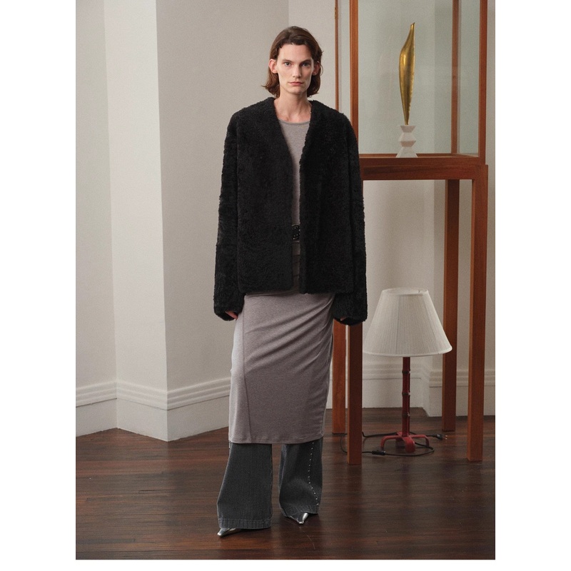 “Paris Night” Luxury Lightweight V-Neck Mid-Length Imported Ragone Sheepskin Fur Coat