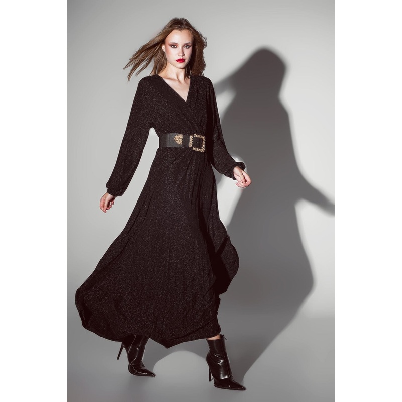 Party Long Sleeve Maxi Dress With Glitter In Black