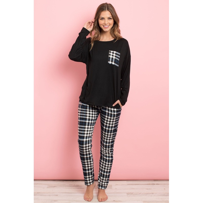Riah Solid Top Plaid Pocket and Joggers Set With Self Tie
