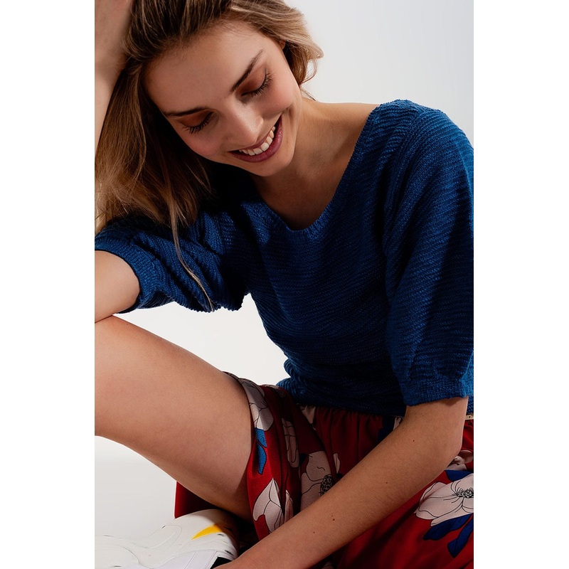 Short Sleeve Knitted Top In Blue