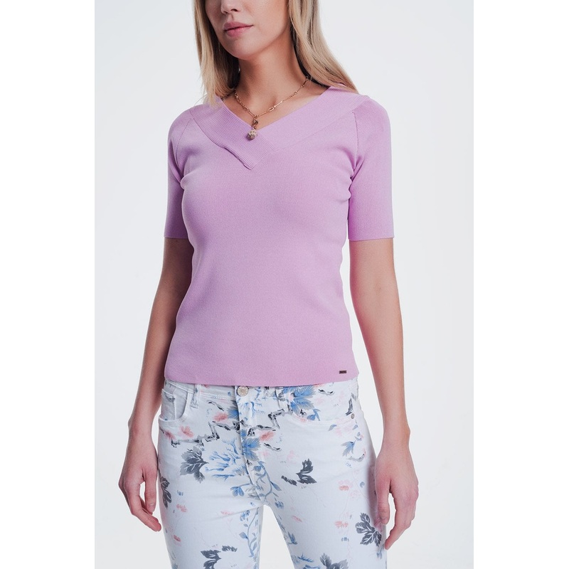Short Sleeve Pink Sweater With V Neck