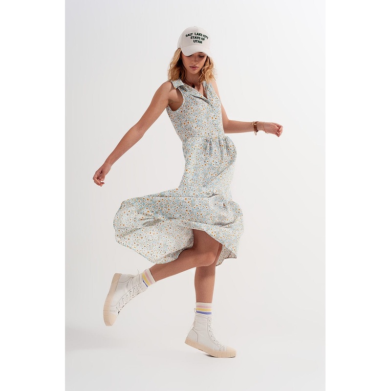 Sleeveless Shirt Dress In Blue Floral Print