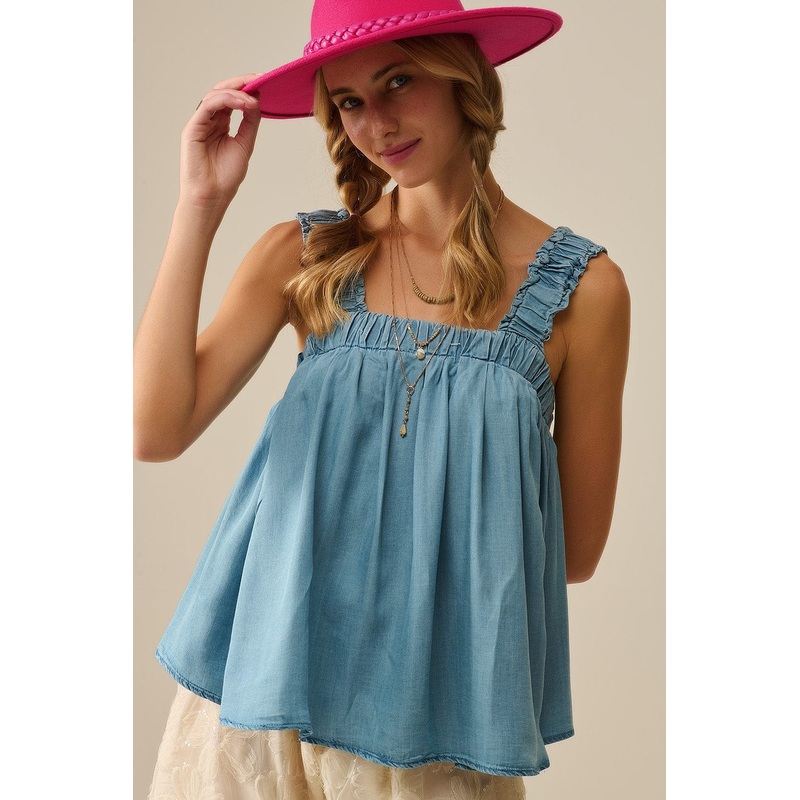 Tencel Fabric Top With Rouched Straps In Blue