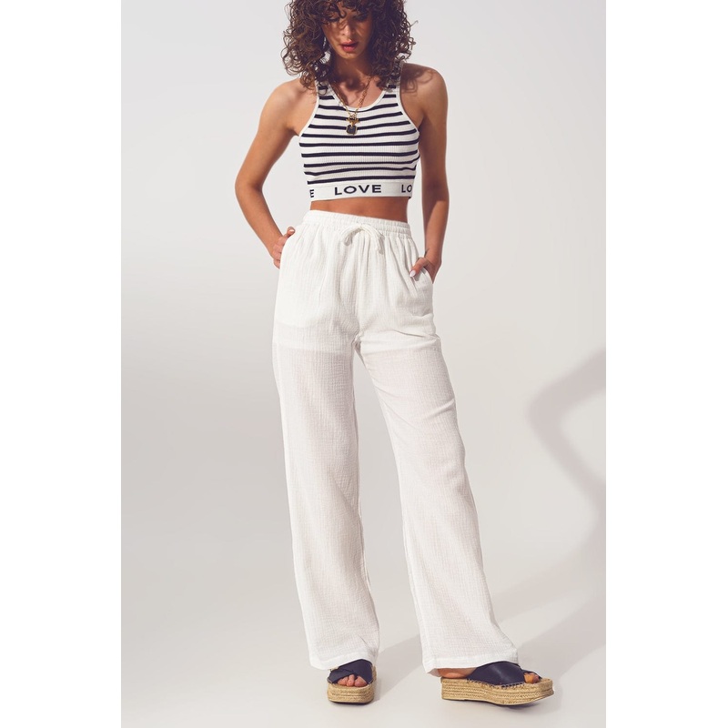 Textured Wide Leg Pants In White