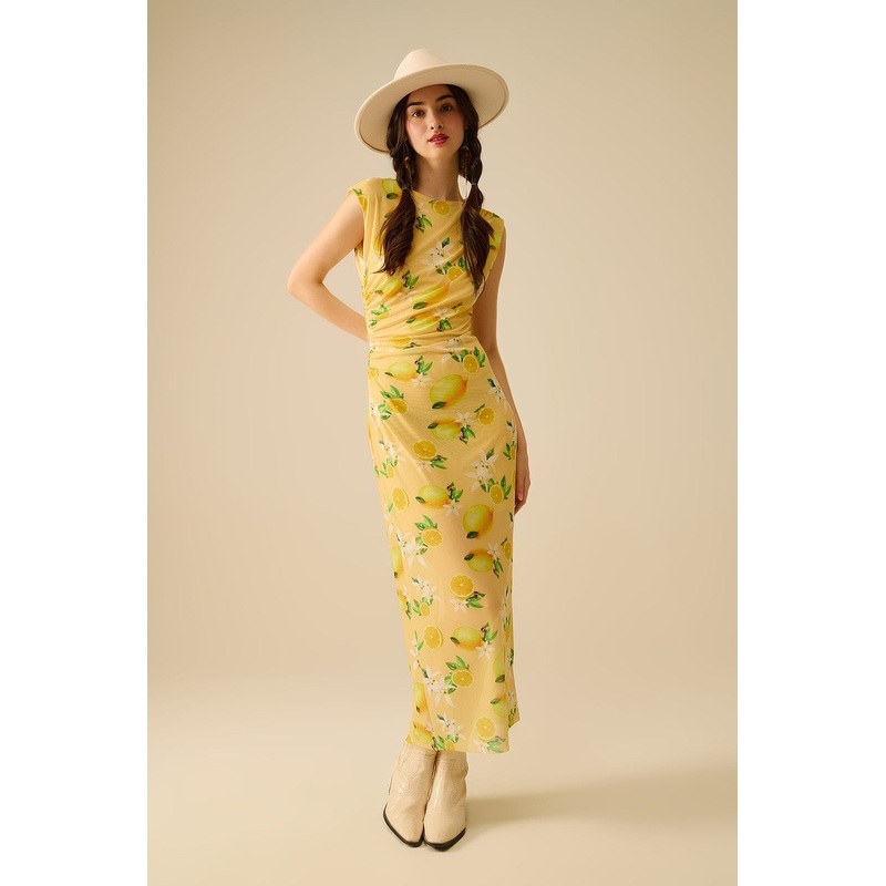 Tulle Dress With Side Rouching In Yellow Lemon Print