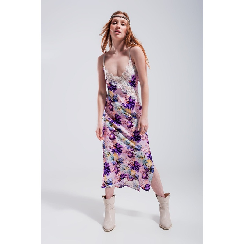 V Back Satin Midi Dress In Purple Clashing Floral Print