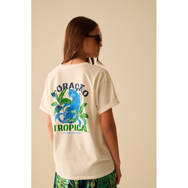 White T-Shirt Made In Italy With Tropical Graphic Print
