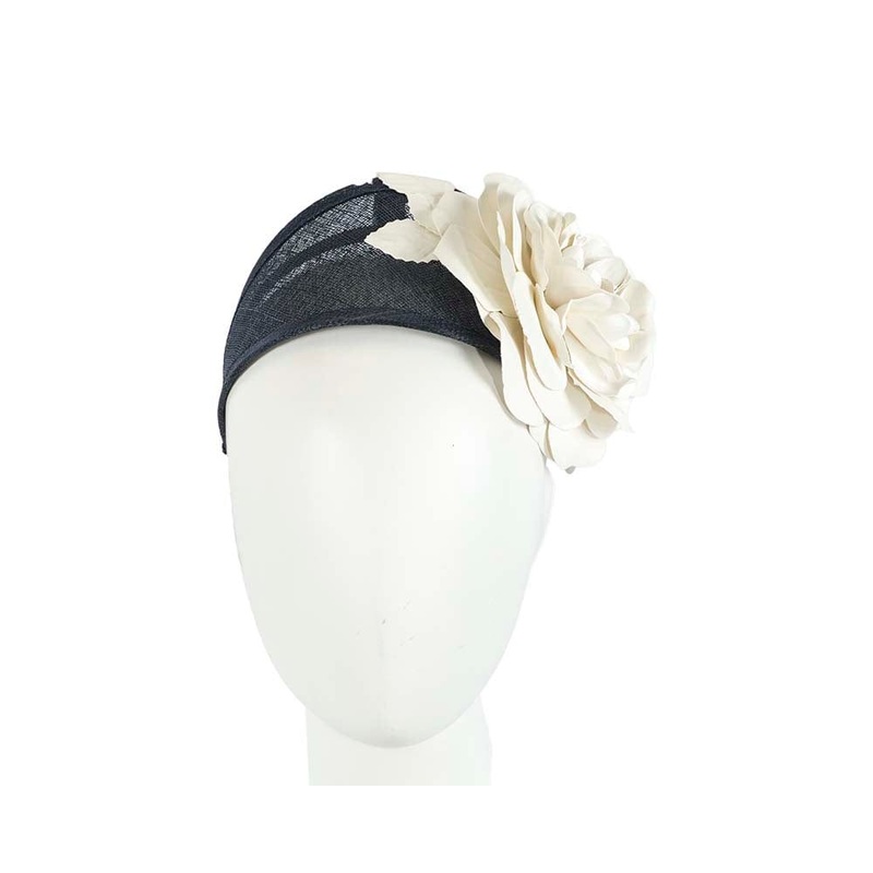 Wide navy and cream leather rose headband fascinator by Max Alexander