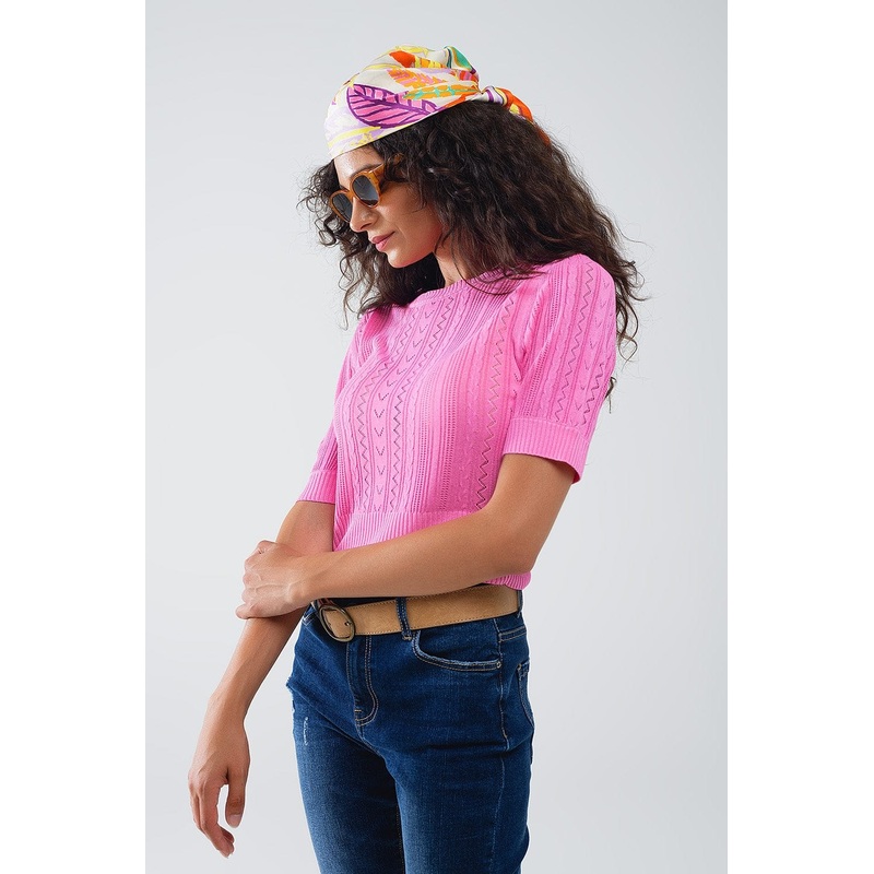 3/4 Sleeves Fuchsia Knit Sweater With Zig Zag Stripes Details