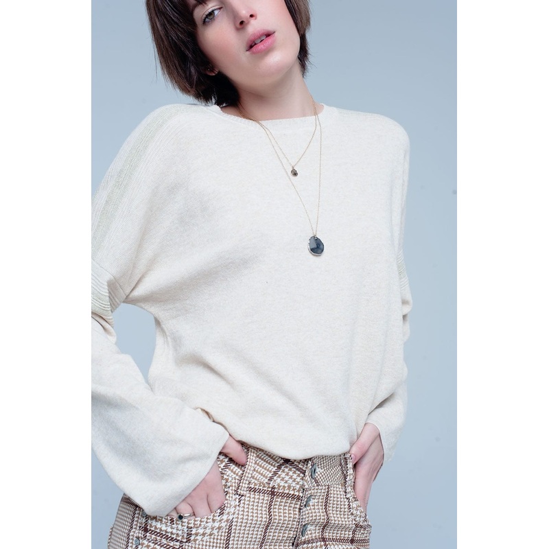Beige Fine Knitted Sweater With Glitter Details