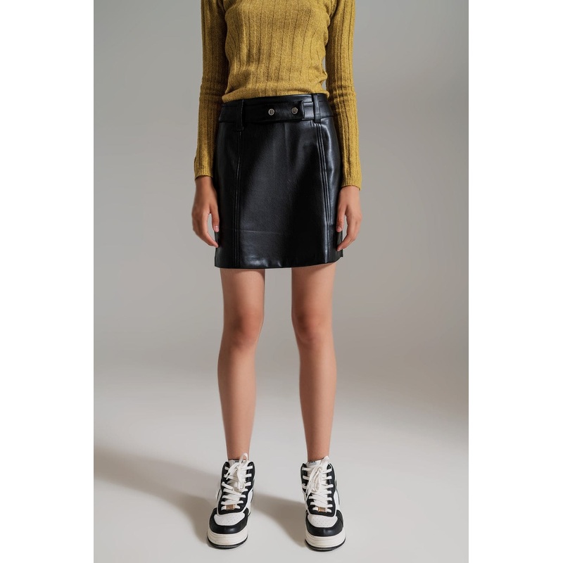 Black Straight Faux Leather Mini Skirt With Belt