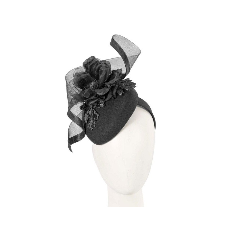 Black winter pillbox fascinator with flower