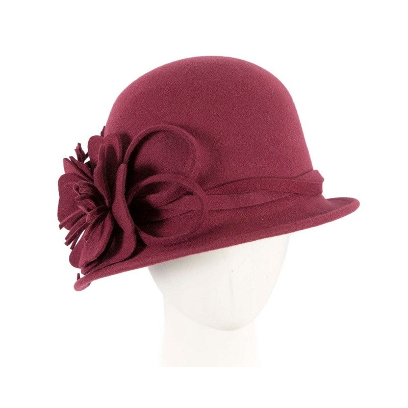 Burgundy felt winter hat with flower by Max Alexander