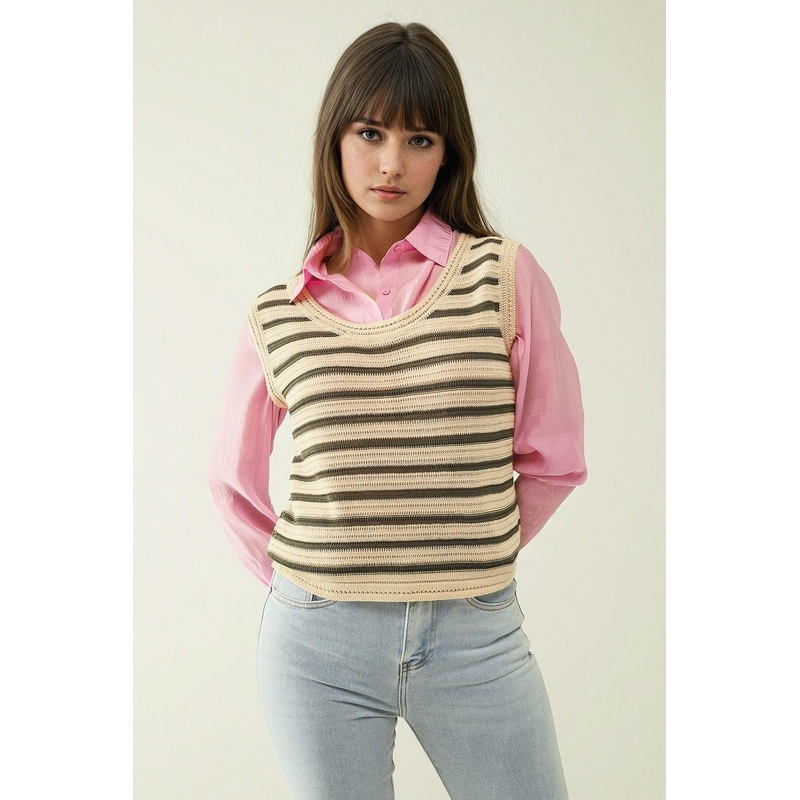 Cream Sleeveless Knit Top With Khaki Stripes