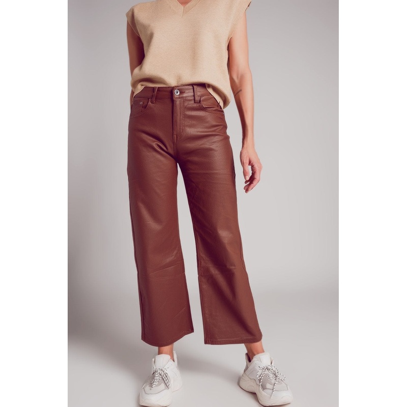 Faux Leather Wide Leg Trouser In Brown