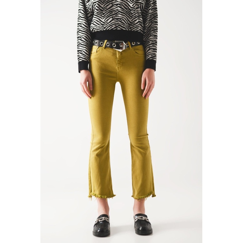 Flare Jeans With Raw Hem Edge In Green