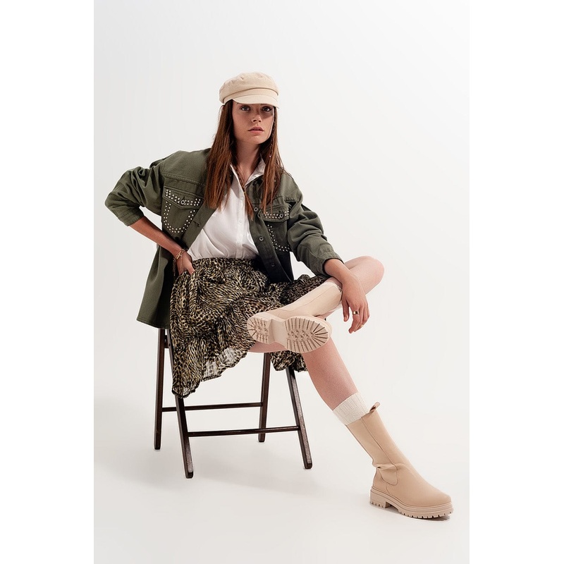 Green Chiffon Mini Skirt With Elastic Waistband And Shiny Fabric