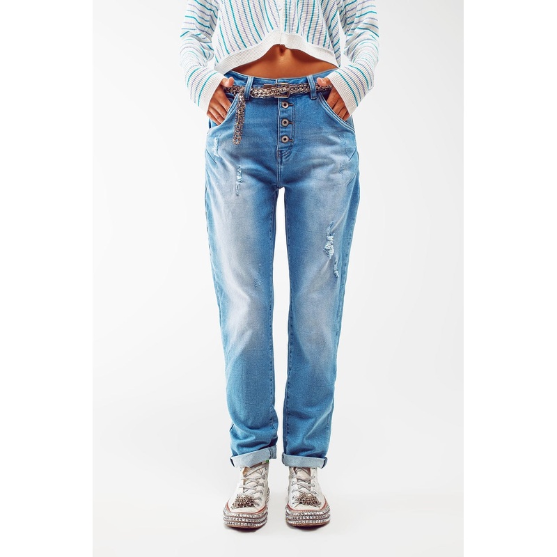 High Waist Button Detail Mom Jeans