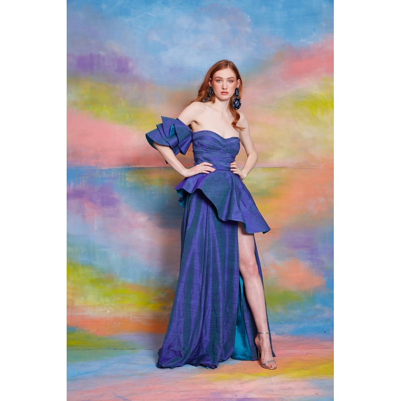 Lavanya Coodly Natasha Blue Silk Evening Gown with Heart Neckline, Exaggerated Off Shoulder Sleeves & Asymmetrical Peplum Detail